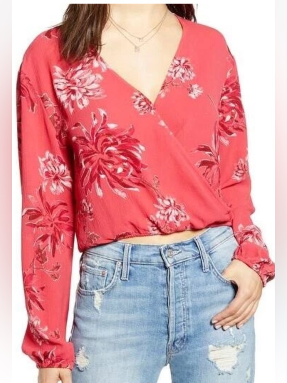 Leith Faux Wrap red floral blouse